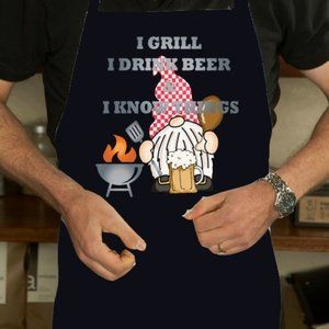 Mens Gift BBQ Grill, Beer and Chill Grilling Gnome Black Apron